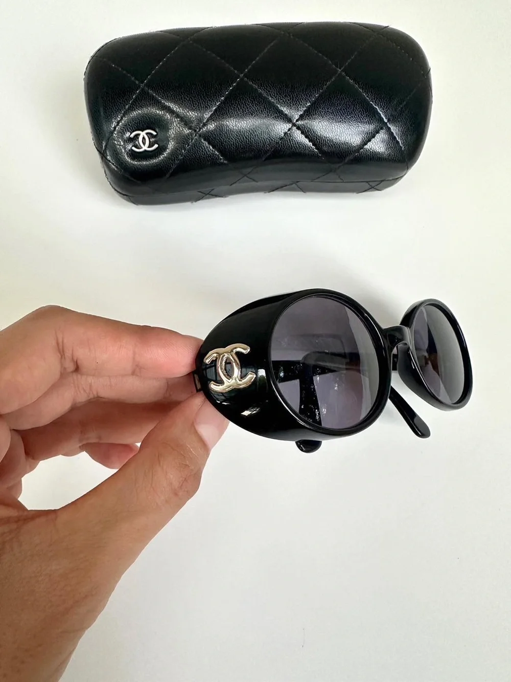 CHANEL Vintage 1990’s Oval Black Sunglasses with Gold CC Emblem